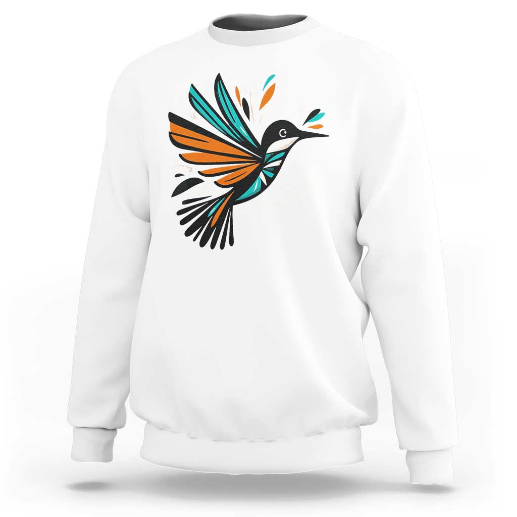 White kids sweatshirt with colorful bird and feather graphic on the front