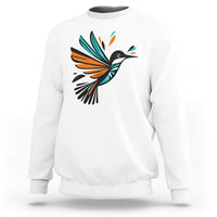 White kids sweatshirt with colorful bird and feather graphic on the front