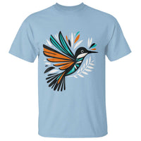 Light blue short-sleeve T-shirt with colorful bird feather graphic on the chest