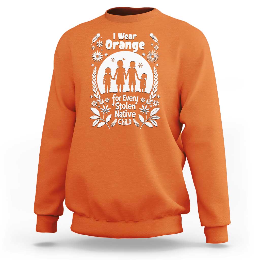 Orange crewneck sweatshirt with white circular Native Child design on the chest