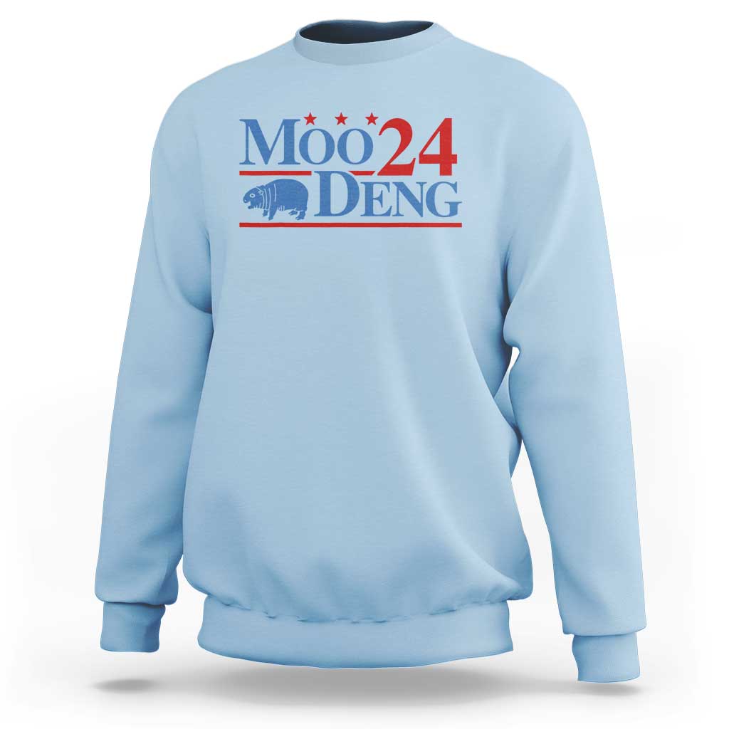 Light blue baby hippo sweatshirt with colorful Moo24 Deng chest graphic