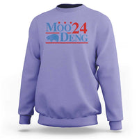 Violet baby hippo sweatshirt with colorful Moo24 Deng chest graphic