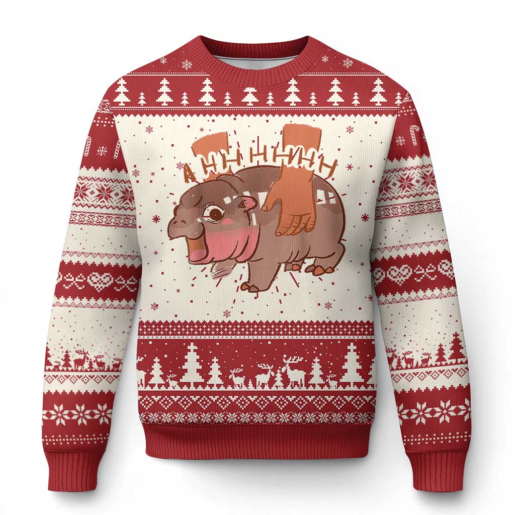 Red and cream ugly Christmas sweater with cartoon hippopotamus front print
