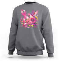 Crewneck sweatshirt, heather gray, pink ribbon hummingbird floral graphic on front