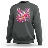 Crewneck sweatshirt, dark gray, pink ribbon hummingbird floral graphic on front