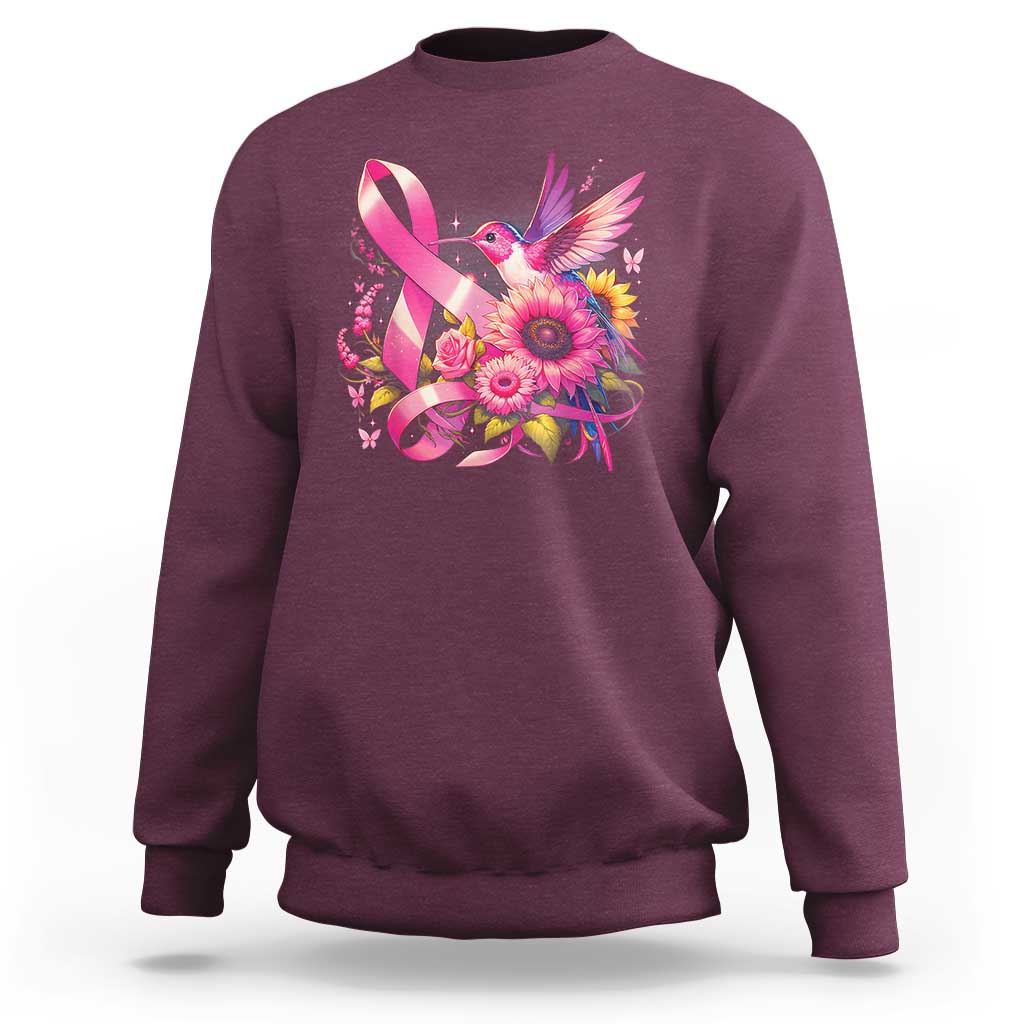 Crewneck sweatshirt, maroon, pink ribbon hummingbird floral graphic on front