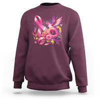 Crewneck sweatshirt, maroon, pink ribbon hummingbird floral graphic on front