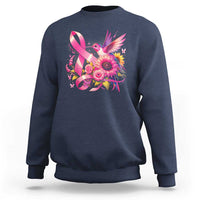 Crewneck sweatshirt, navy blue, pink ribbon hummingbird floral graphic on front