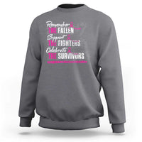 Charcoal gray sweatshirt with pink awareness ribbon slogan graphic on back