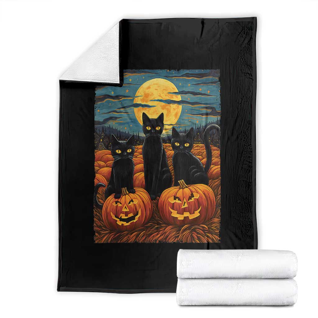 Black Cat Halloween Throw Blanket Starry Night Van Gogh Inspo - Wonder Print Shop