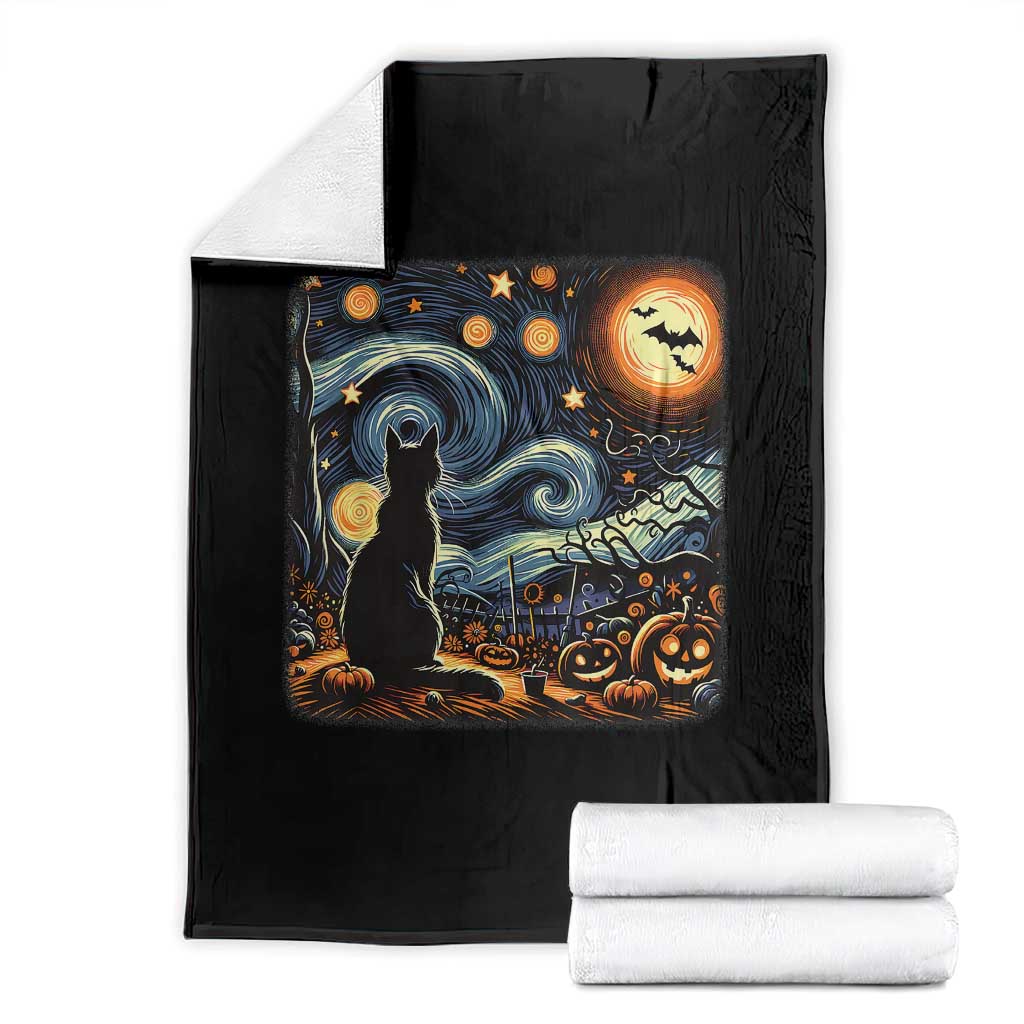 Black Cat Halloween Throw Blanket Starry Night Lover Van Gogh Inspo - Wonder Print Shop