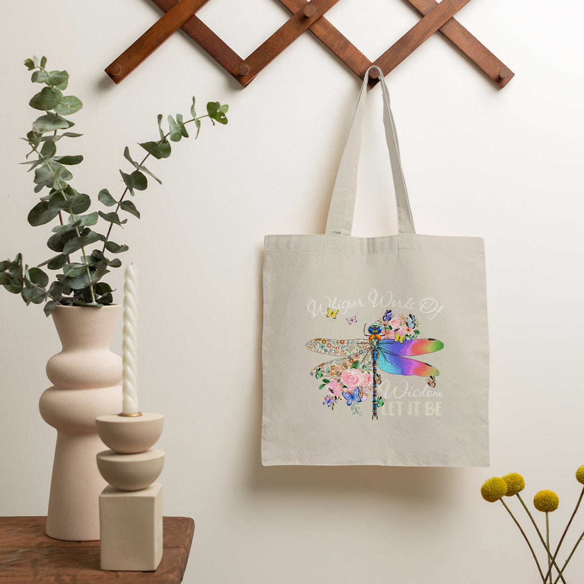 Whisper Words Of Wisdom Let It Be Floral Dragonflies Flowers Tote Bag, Dragonfly Tote Bag, Boho Gift for Women, Dragonfly Lover Tote Bag - Wonder Print Shop