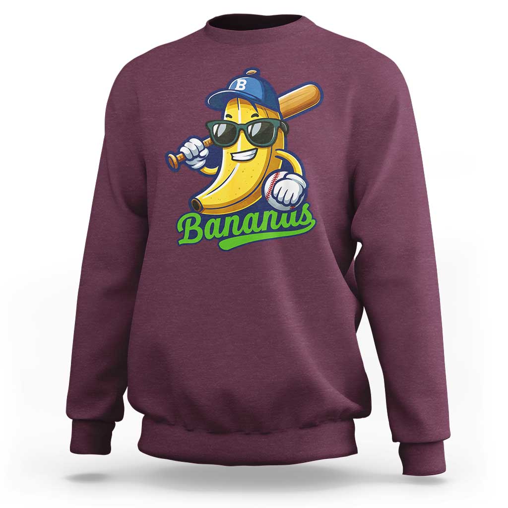 Maroon crewneck sweatshirt with banana baseball character graphic on front