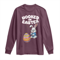 Maroon long-sleeve T-shirt with “Hooked on Easter” bunny and egg print