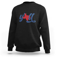 Black crewneck sweatshirt with red Texas graphic and blue cursive print