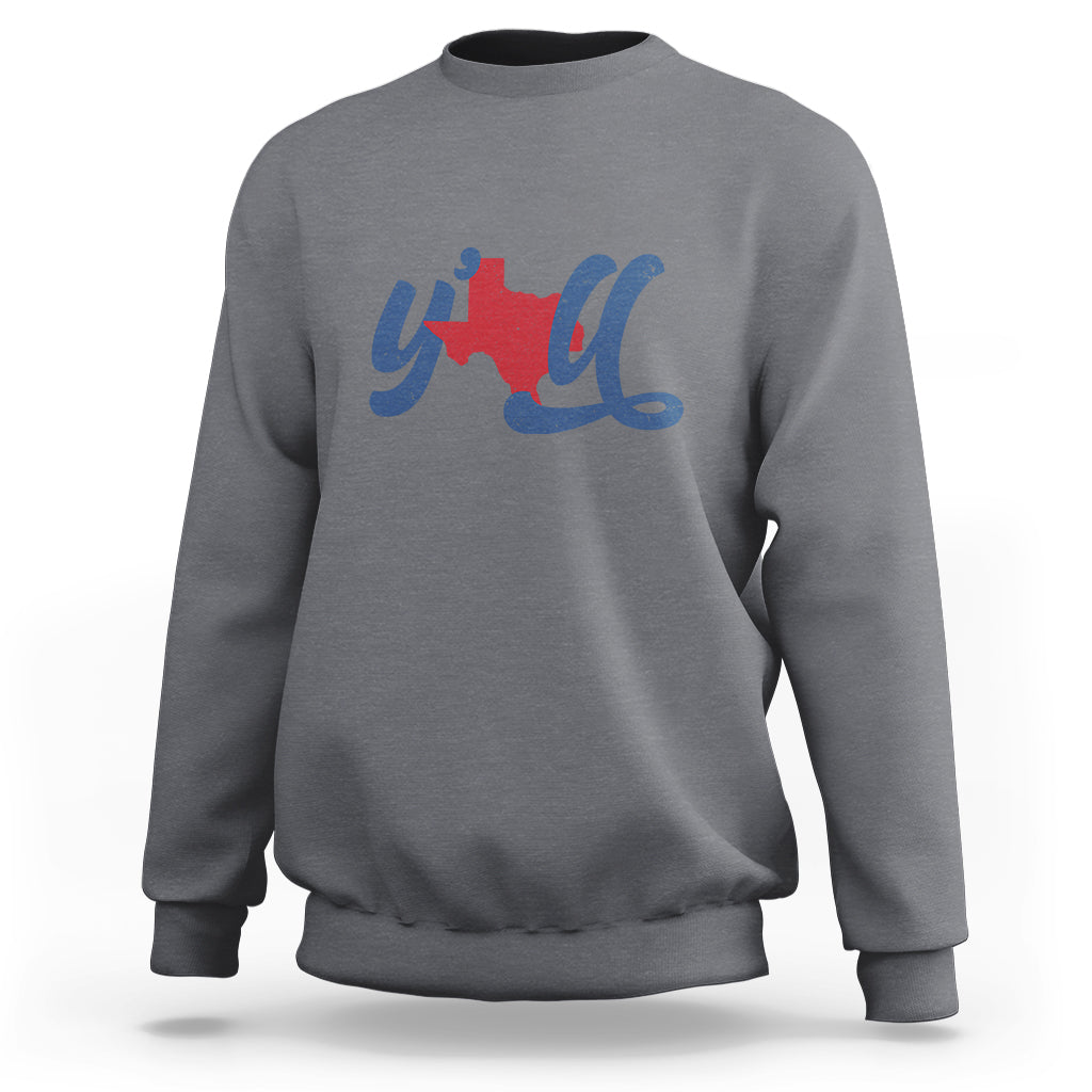 Charcoal crewneck sweatshirt with red Texas graphic and blue cursive print