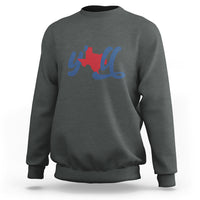 Dark heather gray crewneck sweatshirt with red Texas graphic and blue cursive print