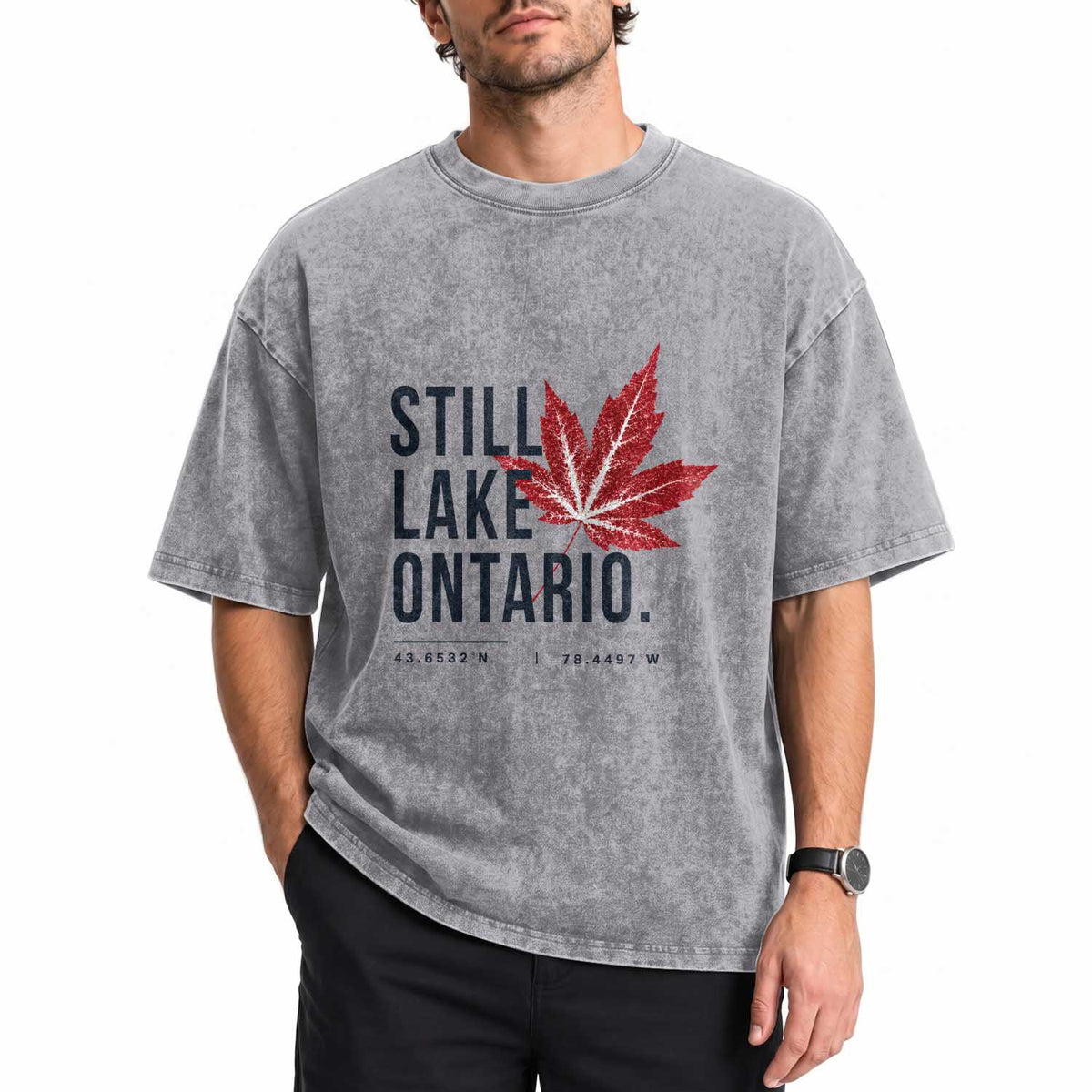 Still Lake Ontario Coordinates Satire Washed Cotton T-Shirt Minimalist Maple Leaf Graphic Outdoor Travel Lake Life Souvenir