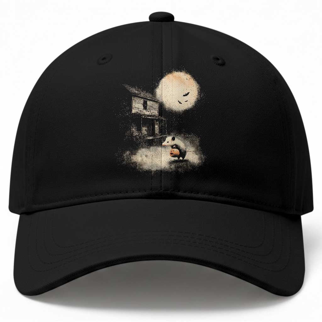 Spooky Opossum Pumpkin Haunted House Graphic Baseball Cap Vintage Halloween Animal Meme Lover