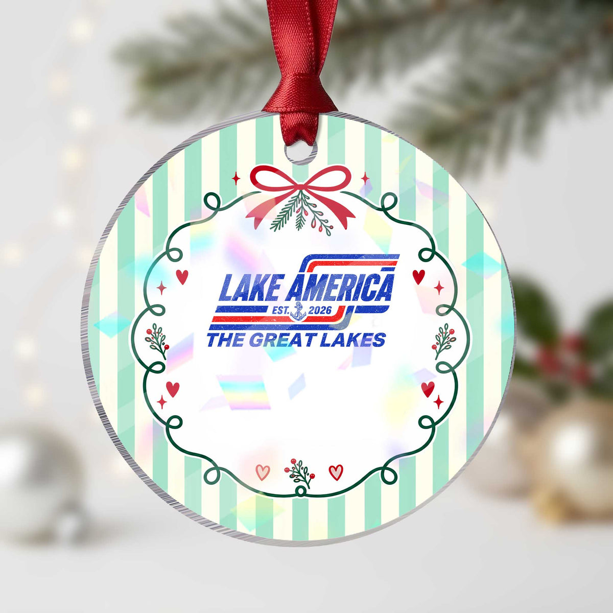 Lake America Est 2026 Retro Racing Stripes Patriotic Holographic Acrylic Ornament Great Lakes Nautical Graphic