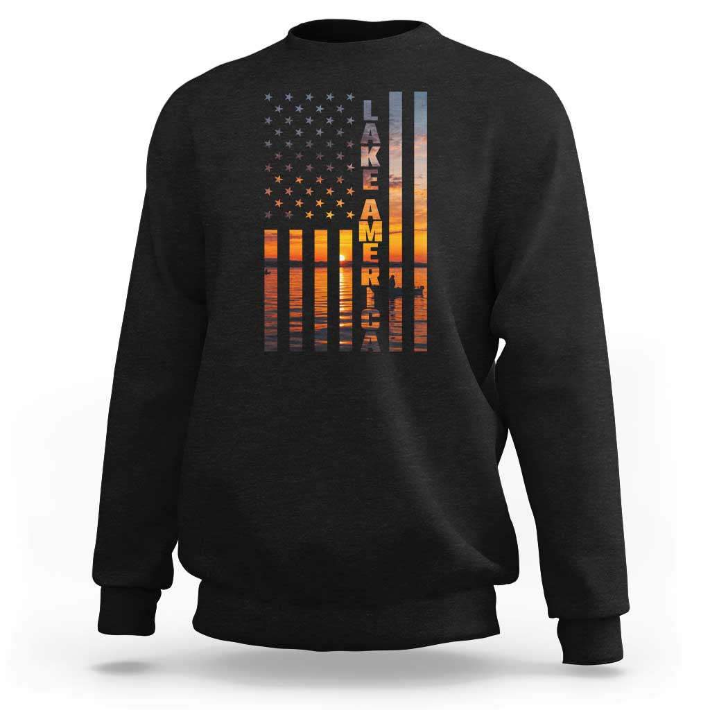 Lake America Patriotic American Flag Sunset Graphic Sweatshirt Scenic Lake Life Fishing Boat