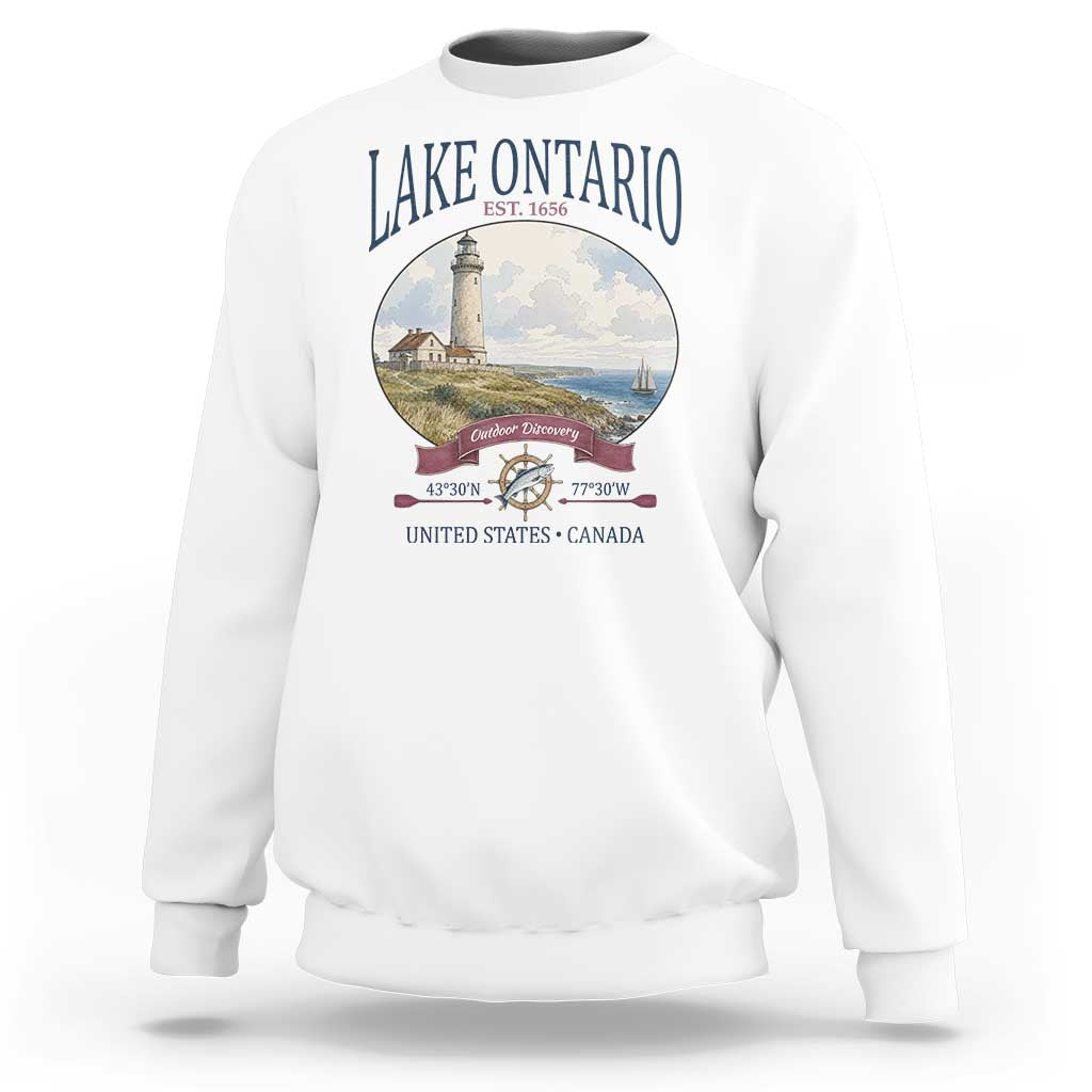 Lake Ontario Est 1656 Vintage Lighthouse Graphic Sweatshirt Outdoor Discovery Nautical Great Lakes Boat Gift