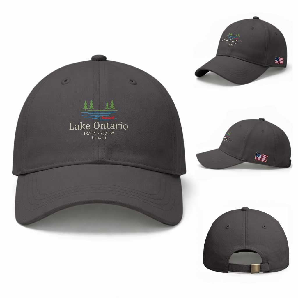 Lake Ontario Canada Canoe Map Coordinates Baseball Cap Outdoor Camping Nature Lover Gift
