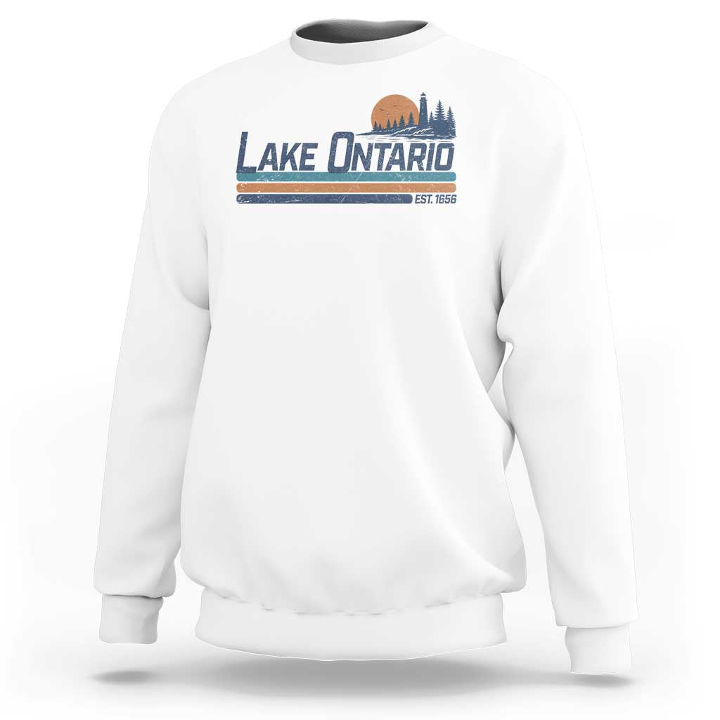 Retro Lake Ontario Est 1656 Sweatshirt Vintage Distressed Sunset Stripe Lighthouse Gift