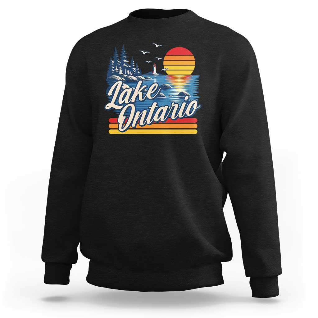 Lake Ontario Retro 80s Sunset Graphic Sweatshirt Coastal Lighthouse Outdoor Vacation Gift