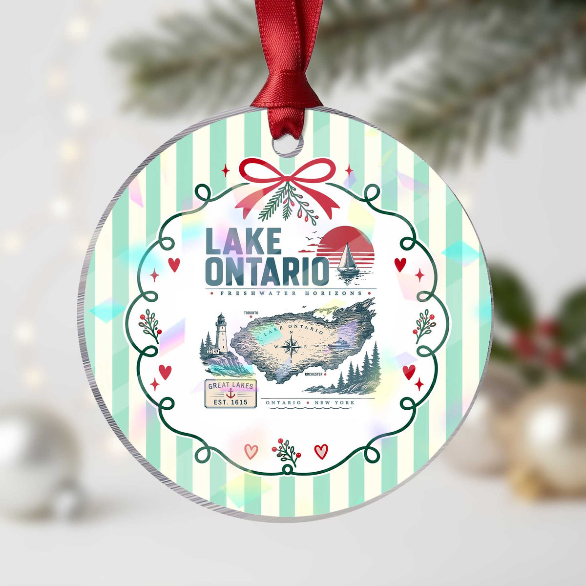 Lake Ontario Est 1615 Vintage Map Graphic Holographic Acrylic Ornament Retro Sun Nautical Lighthouse Great Lakes Gift