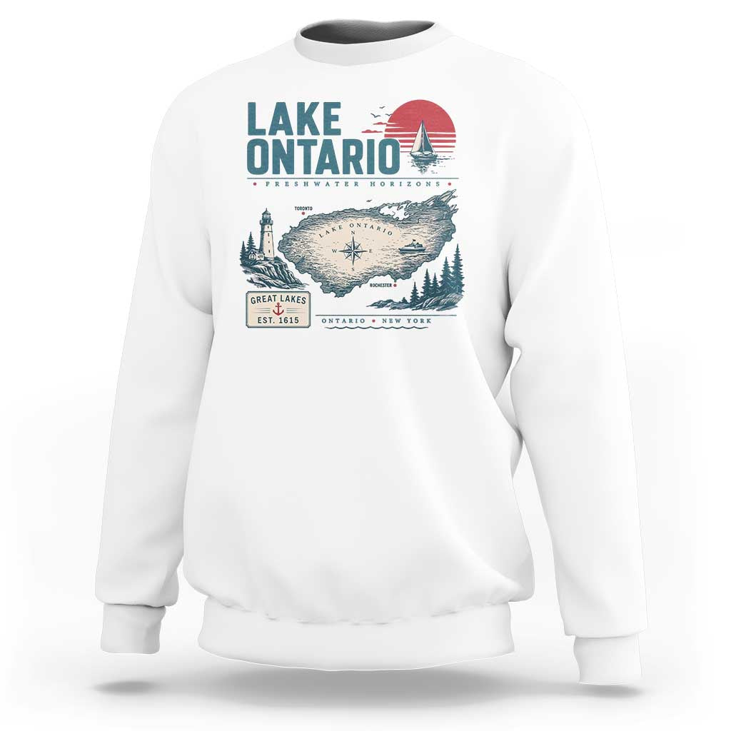 Lake Ontario Est 1615 Vintage Map Graphic Sweatshirt Retro Sun Nautical Lighthouse Great Lakes Gift