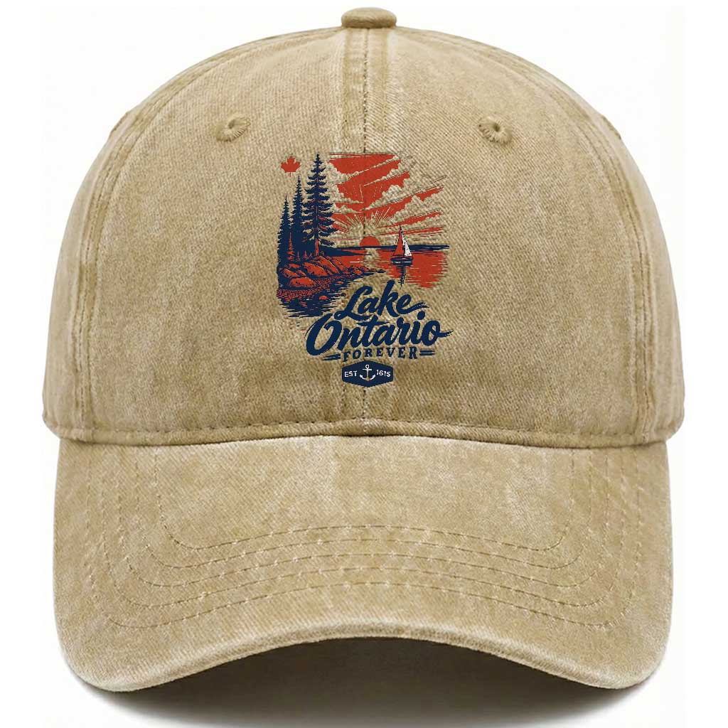 Lake Ontario Forever Est 1615 Vintage Canadian Maple Leaf Washed Cotton Baseball Cap Sunset Nautical Great Lakes Gift