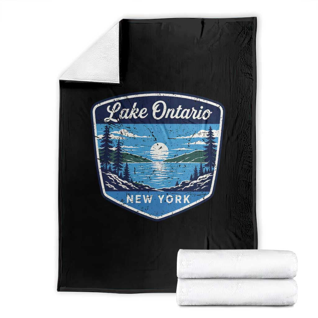 Lake Ontario New York Vintage Badge Throw Blanket Scenic Outdoor Sunset Great Lakes Gift