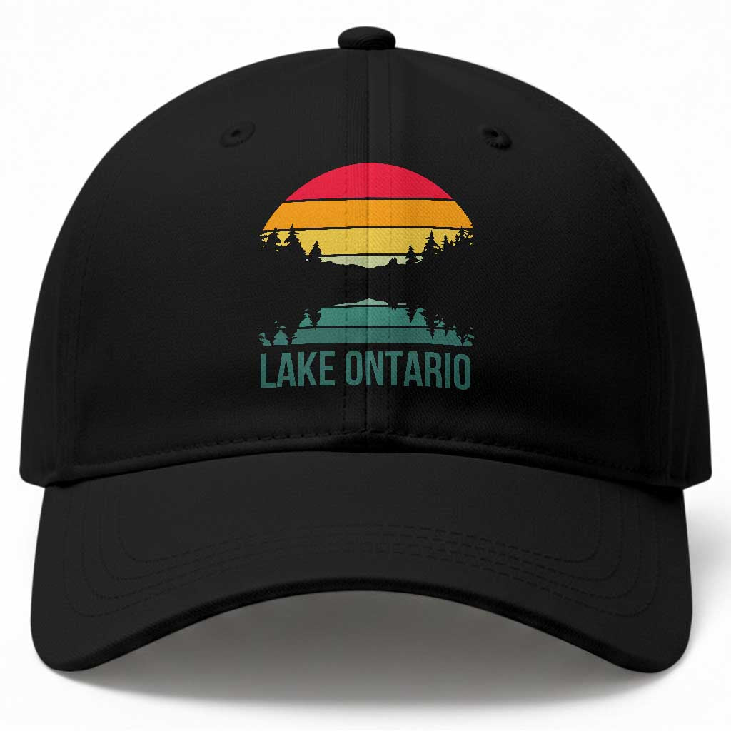 Vintage Lake Ontario Retro Striped Sunset Graphic Baseball Cap Scenic Forest Great Lakes Lake Life Gift