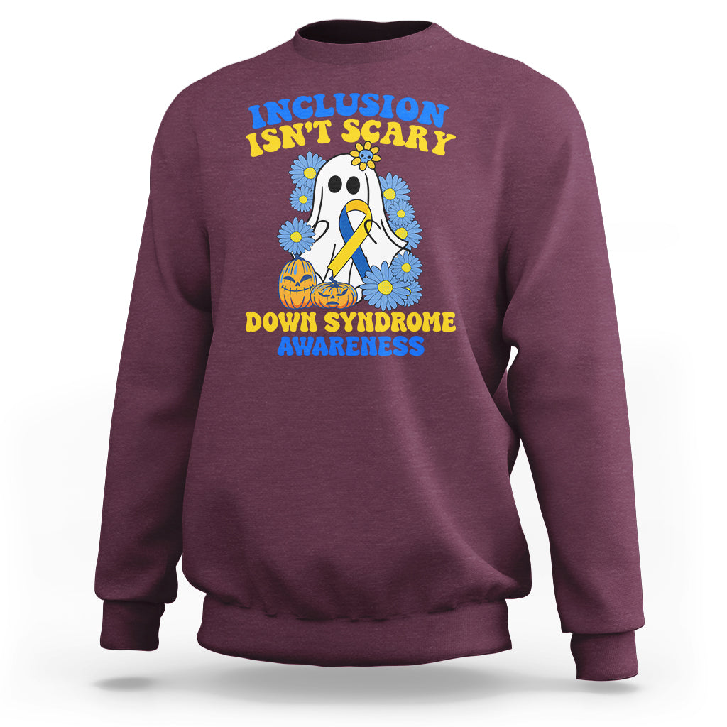 Maroon crewneck sweatshirt with colorful Down syndrome awareness ghost graphic on chest