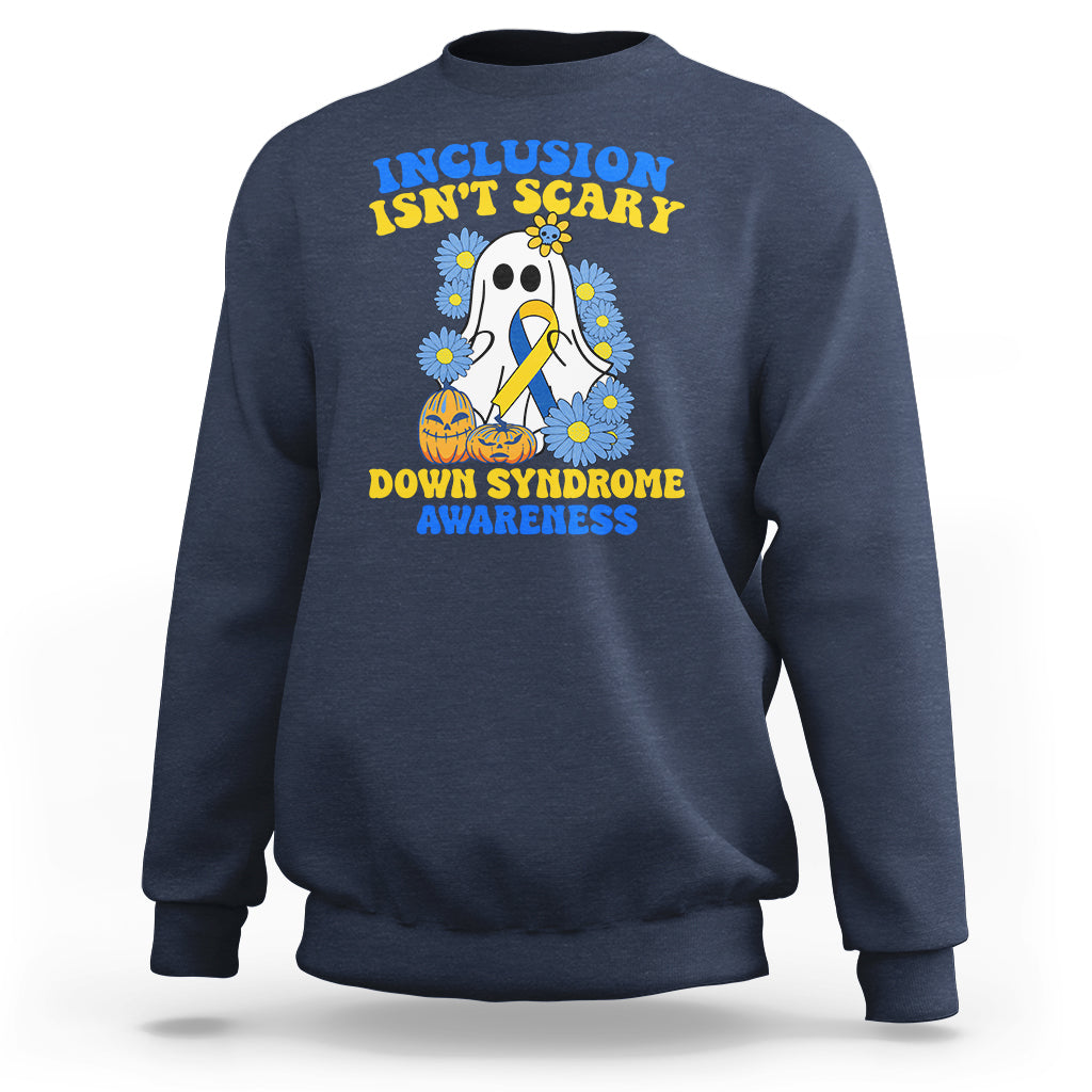 Navy crewneck sweatshirt with colorful Down syndrome awareness ghost graphic on chest