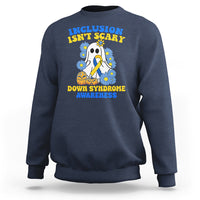 Navy crewneck sweatshirt with colorful Down syndrome awareness ghost graphic on chest