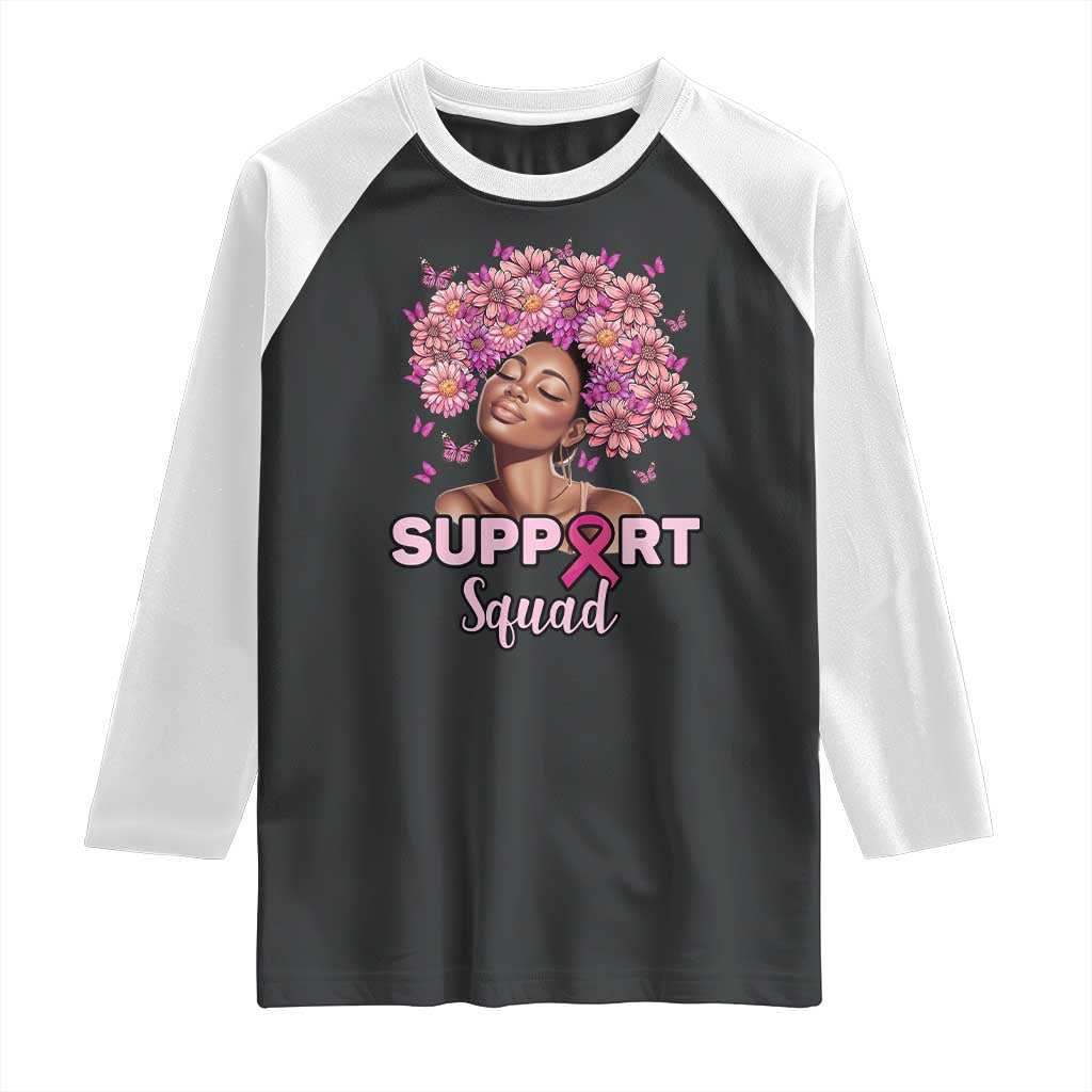 Breast Cancer Awareness Raglan Shirt Black Afro Woman Support Squad Pink Ribbon Sunflower