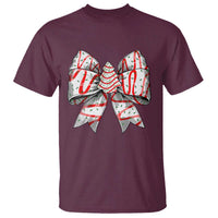 Maroon short-sleeve T-shirt with candy cane bow graphic on chest