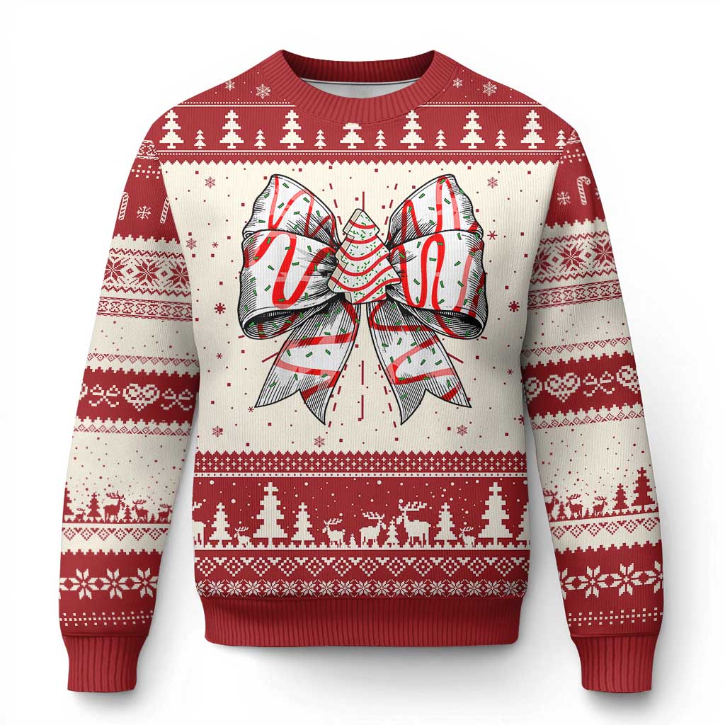 Red Christmas sweater with bow graphic and holiday fair isle stripes