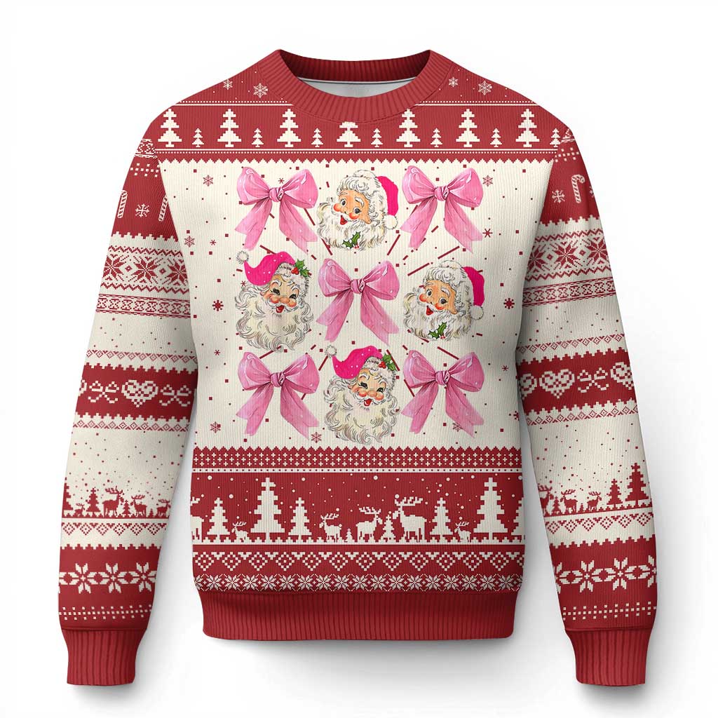 Red and cream Christmas sweater with Santa faces and pink bow decorations