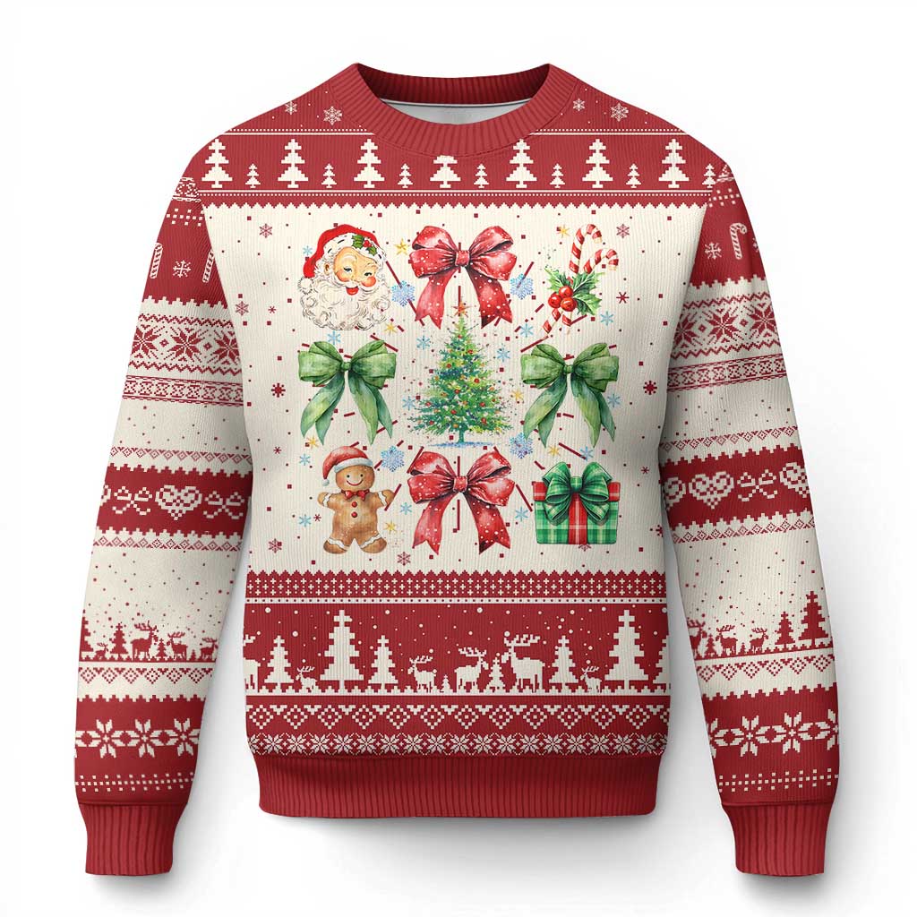 Red and cream Christmas sweater with Santa, bows, trees, and gift motifs