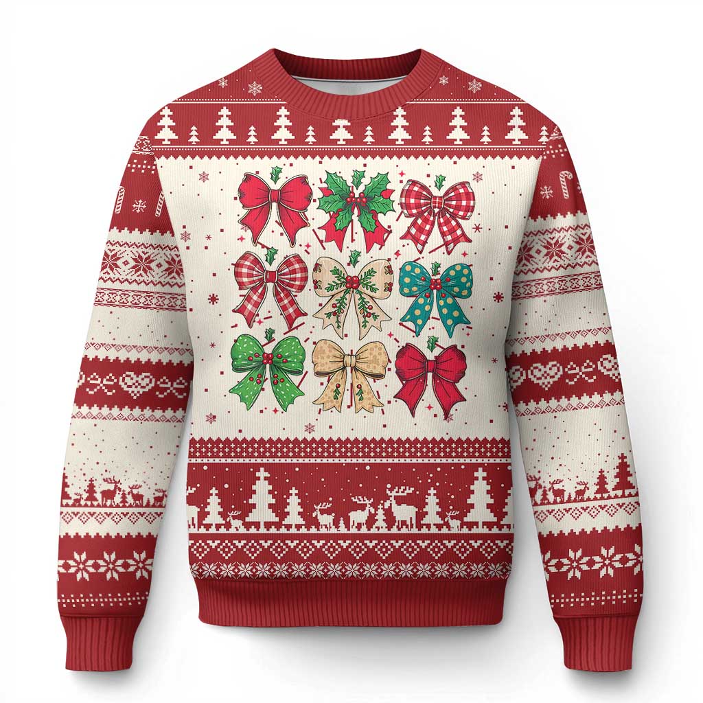 Red and cream Christmas sweater with bow and wreath graphic, crewneck knit.