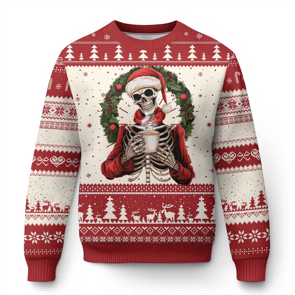 Red ugly Christmas sweater with skeleton holding a coffee mug, trees and knit patterns