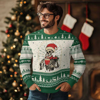 Green skeleton Christmas sweater with Santa hat, snowflake and tree fair isle pattern