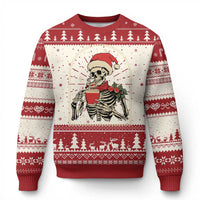 Red and cream skeleton Christmas sweater with Santa hat, snowflake and tree pattern