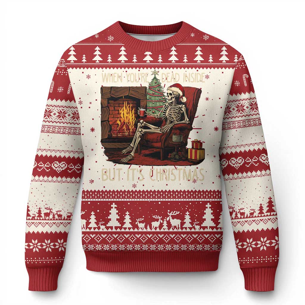 Red knit Christmas sweater with skeleton scene and snowy fair isle band