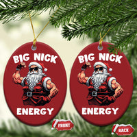 Red oval Santa ornaments with "BIG NICK ENERGY" text, with front and back labels