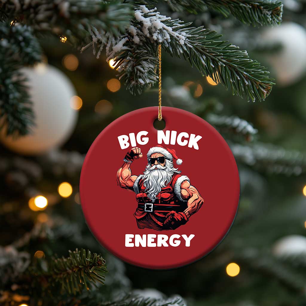 Red round Santa ornament hanging on branches, text "BIG NICK ENERGY"