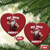 Red heart-shaped Santa ornaments with "BIG NICK ENERGY" text and front/back labels